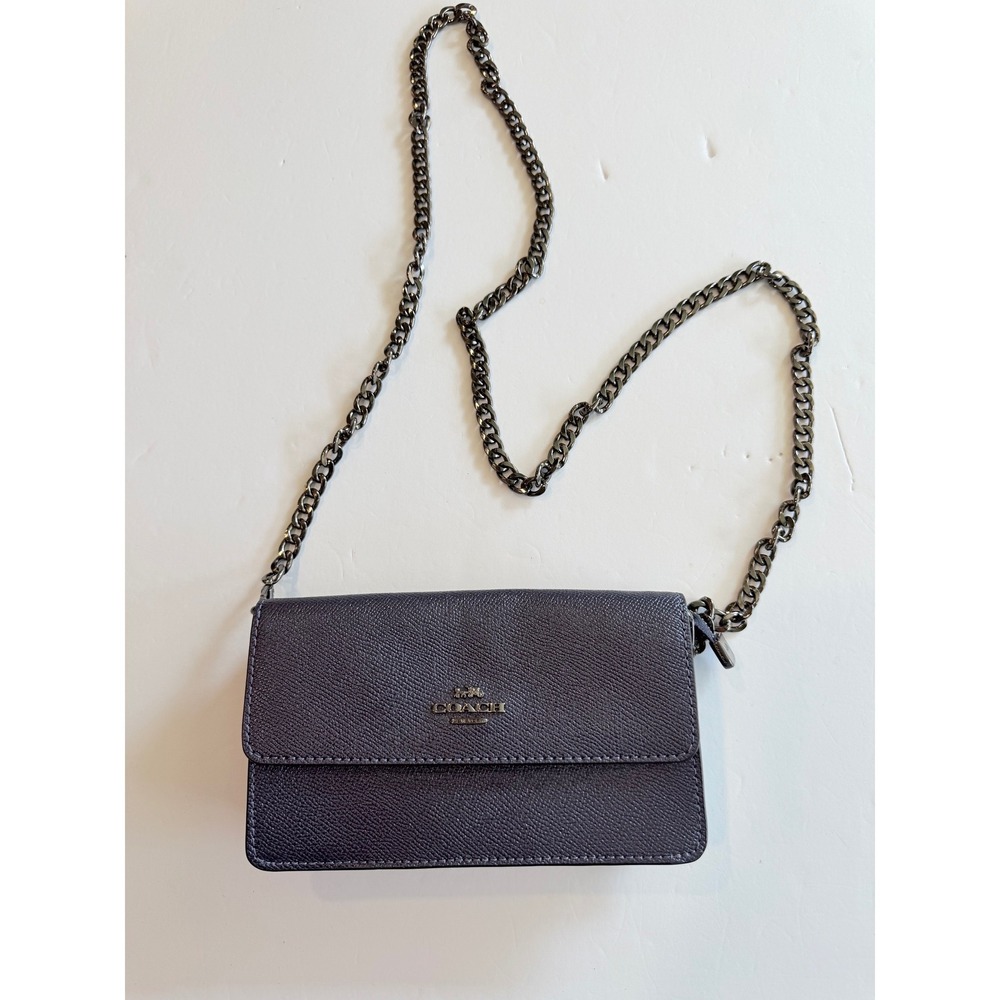 Coach Metallic Gunmetal Crossgrain Leather Crossbody Chain Bag Multi Interior
